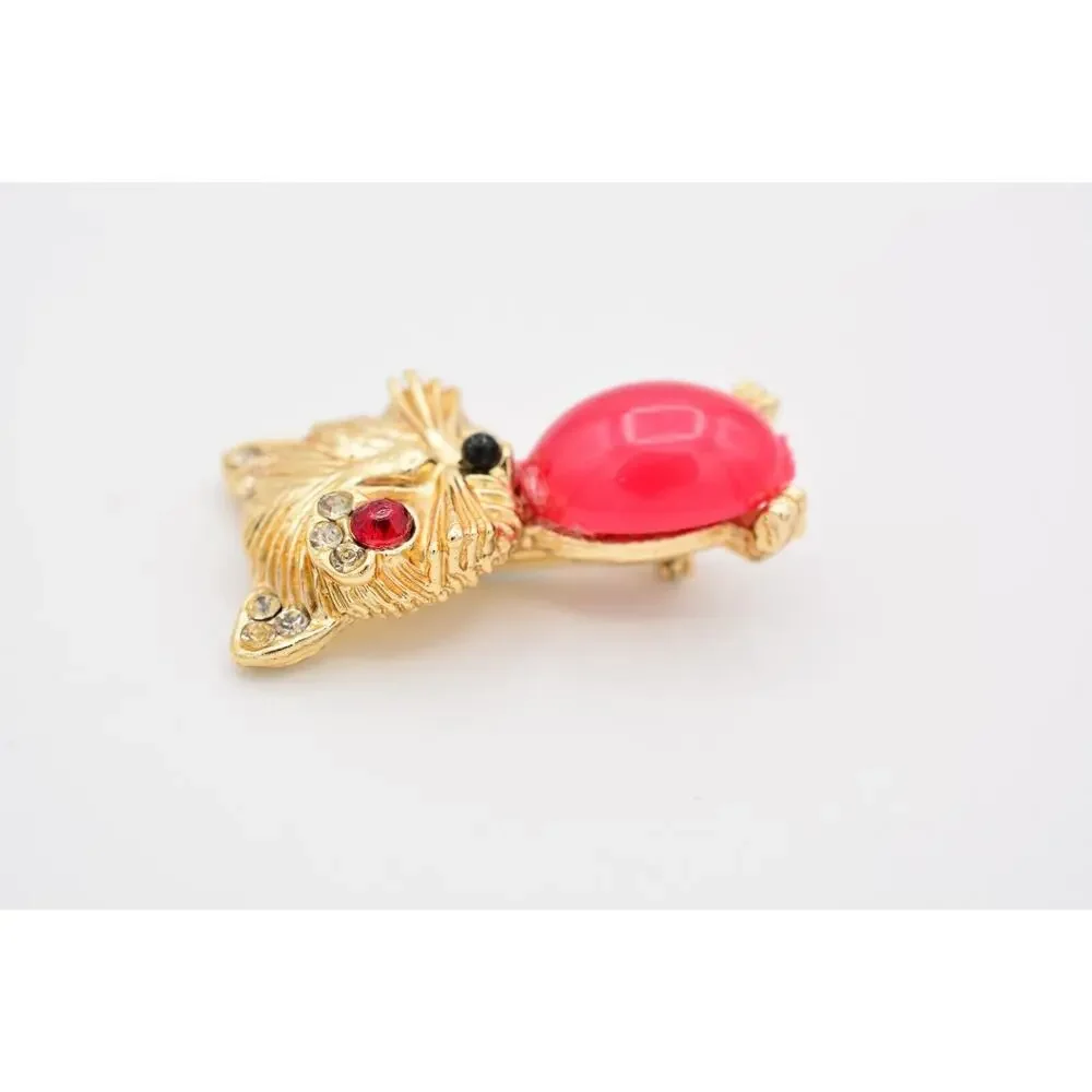 Vintage Winking Cat Pin Brooch Kissy Face Cabochon Crystal Gold 1980s BinATa